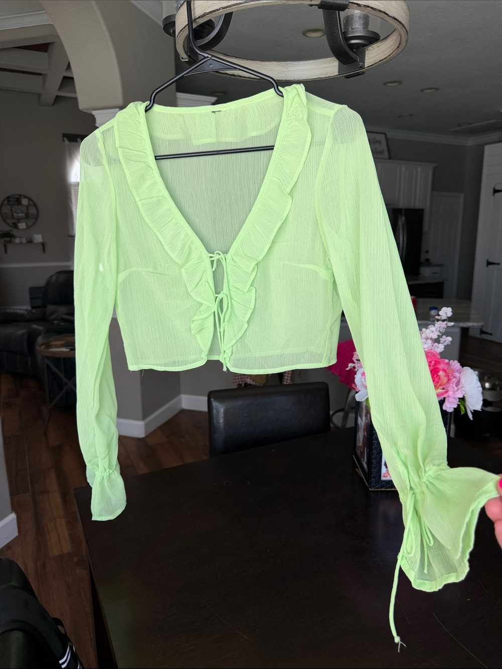 Light Green Ruffle Tie-Front Long Sleeve Top
